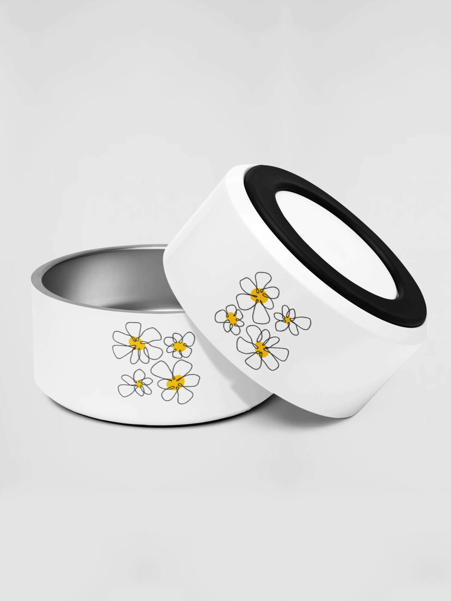 Daisy Pet Bowl    Stainless steel Animal floral food water bowls for dogs, cats in white with yellow flower design print Pets feeding drinking animals care  32-Oz size