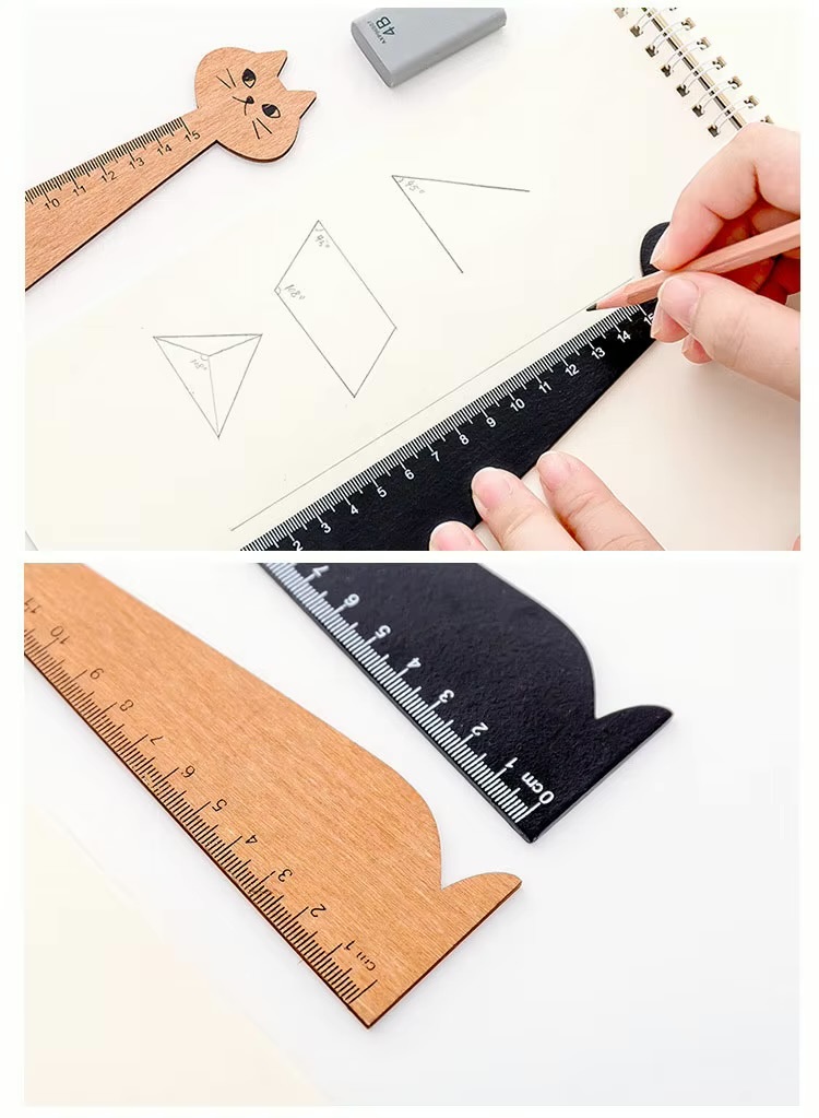 15cm Cute Cat Straight Ruler Wooden Kawaii Tools Stationery Cartoon Drawing Gift Office School Supplies Kitty Measuring in natural, light wood and black color