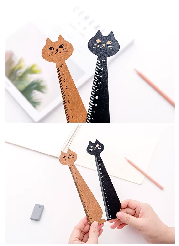 15cm Cute Cat Straight Ruler Wooden Kawaii Tools Stationery Cartoon Drawing Gift Office School Supplies Kitty Measuring in natural, light wood and black color