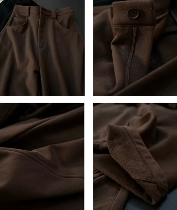 Women’s woman womens petite size High rise waist wide leg button Fly zipper up close pockets casual loose and thickened knitted three dimensional profile winter Pants in coffee brown