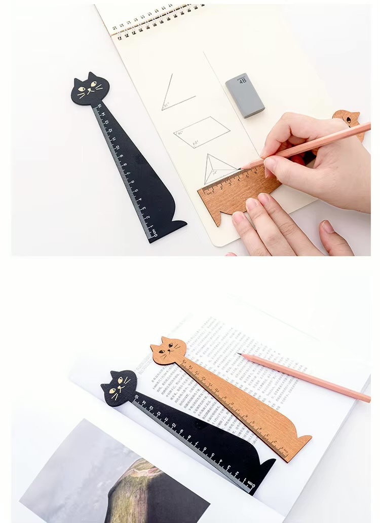 15cm Cute Cat Straight Ruler Wooden Kawaii Tools Stationery Cartoon Drawing Gift Office School Supplies Kitty Measuring in natural, light wood and black color