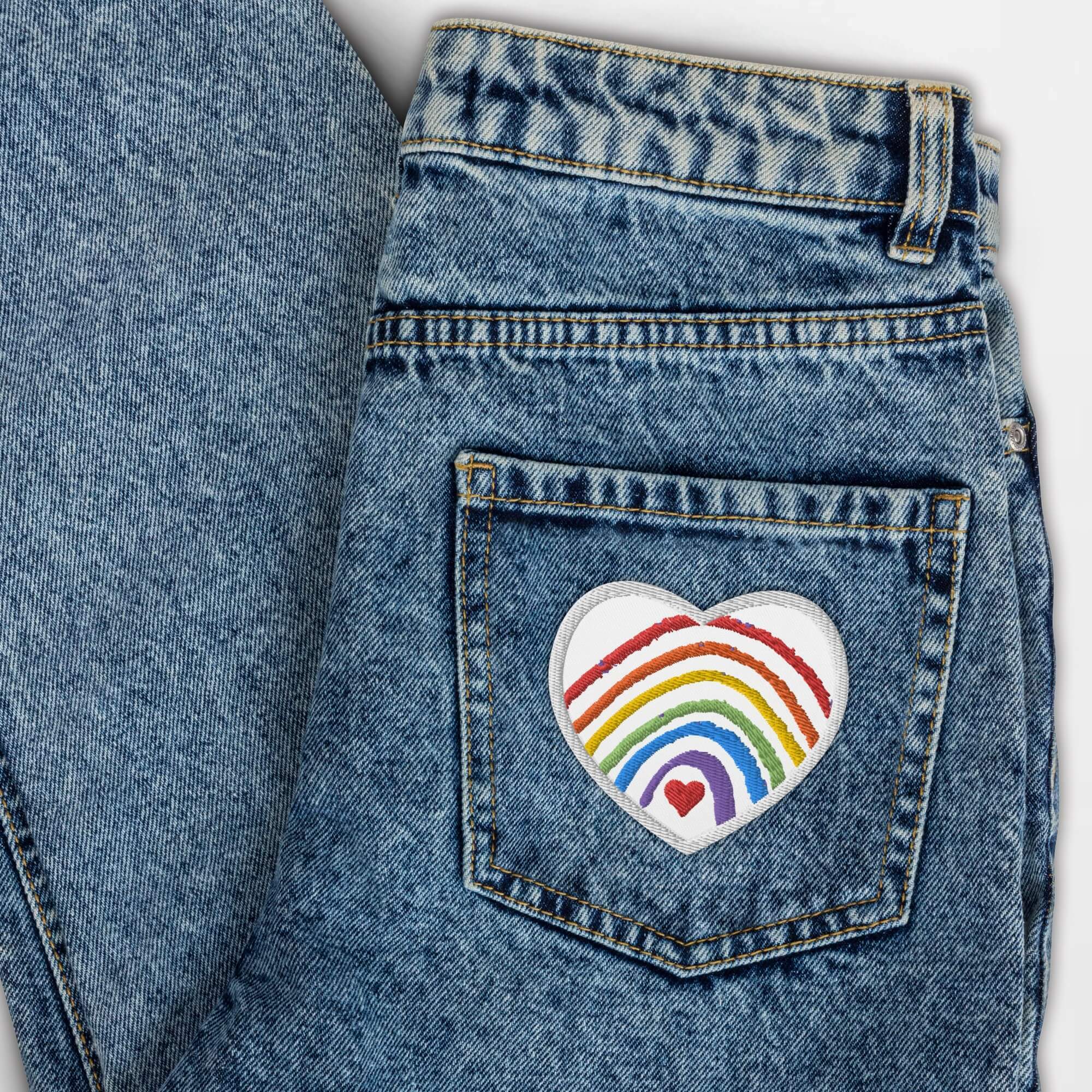 Rainbow Heart Embroidered Patch      Genderful Cartoon rainbow rainbows in white with multicolor pattern Anime Gifts love hearts rainbows lgbtqia+ Iron-on, sew-on, or safety pin attachment patches