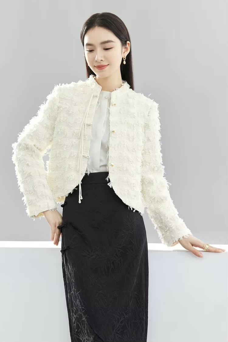 Cropped Tweed Jacket     Women’s elegant short stand collar drawcord tie button-up tailored tapered hem coats Female long sleeves woolen crop Jackets for woman in off-white cream France Chinese style outerwear womens French look wool fluffy feathered style office wfh workwear outwear Spring Fall Autumn fashion  #141W52034