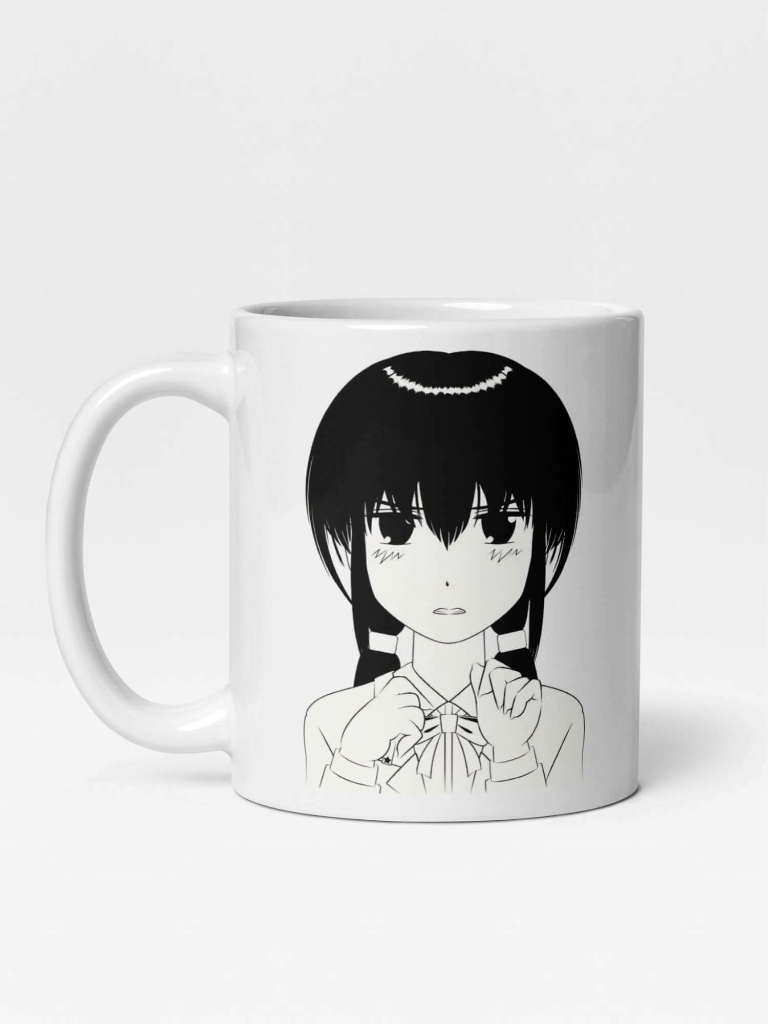 Glossy Angry Girl Mug    Japan Cartoon women’s upset face character drinks cup coffee, tea, juice, milk drinking cups miteigi branded product item tumblers ceramics in white with black ink pattern Ceramic Anime Gifts womens girls gen z generation A woman Japanese souvenirs mugs