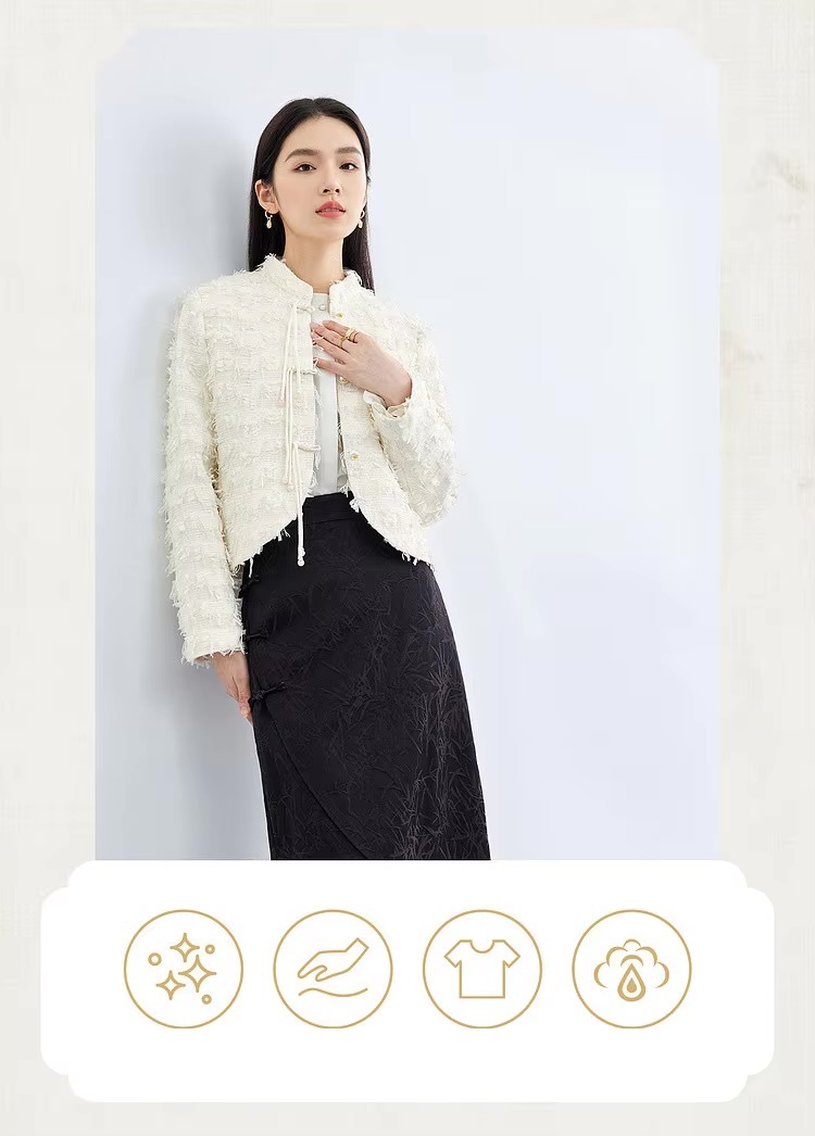 Cropped Tweed Jacket     Women’s elegant short stand collar drawcord tie button-up tailored tapered hem coats Female long sleeves woolen crop Jackets for woman in off-white cream France Chinese style outerwear womens French look wool fluffy feathered style office wfh workwear outwear Spring Fall Autumn fashion  #141W52034