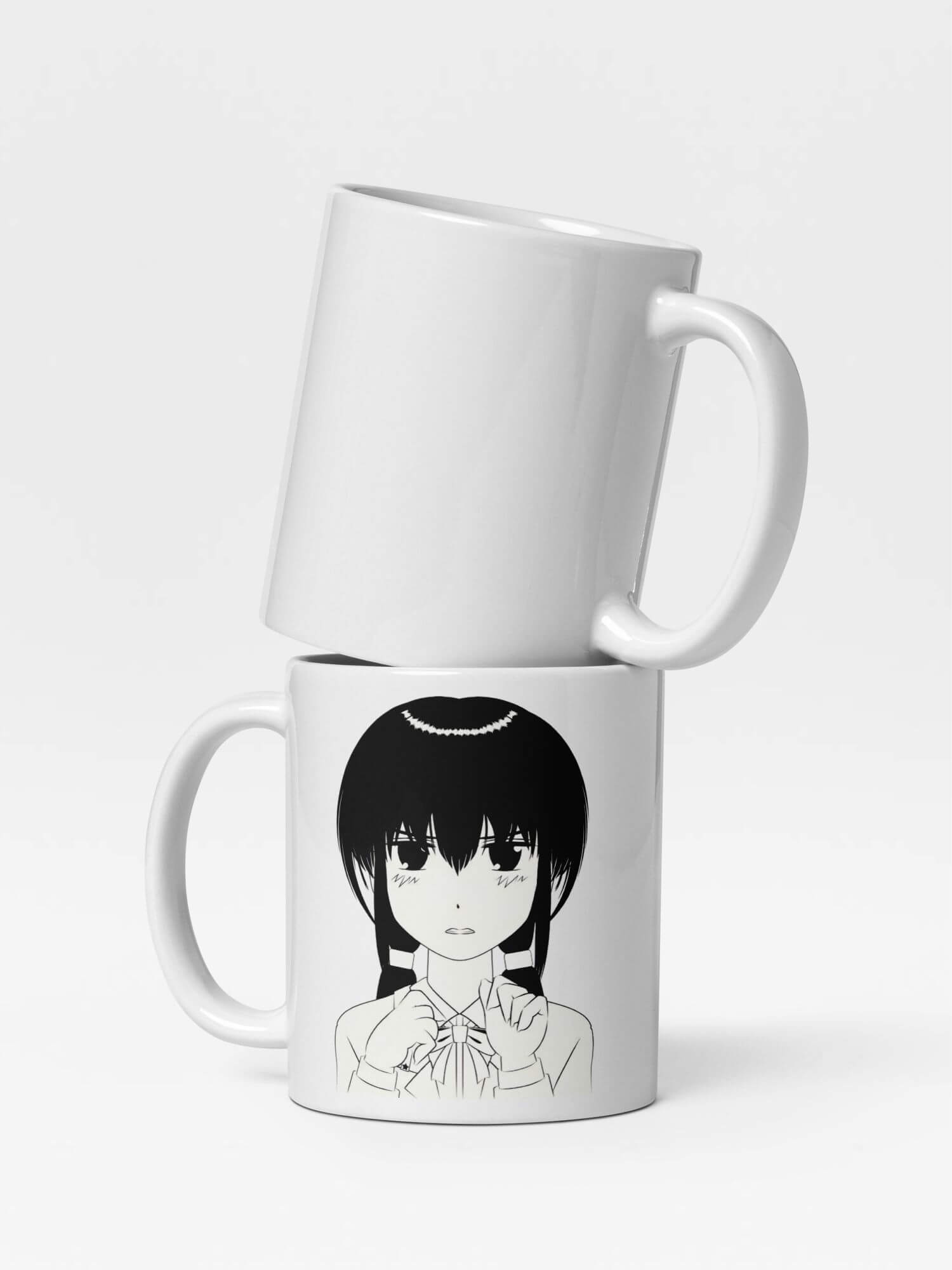 Glossy Angry Girl Mug    Japan Cartoon women’s upset face character drinks cup coffee, tea, juice, milk drinking cups miteigi branded product item tumblers ceramics in white with black ink pattern Ceramic Anime Gifts womens girls gen z generation A woman Japanese souvenirs mugs