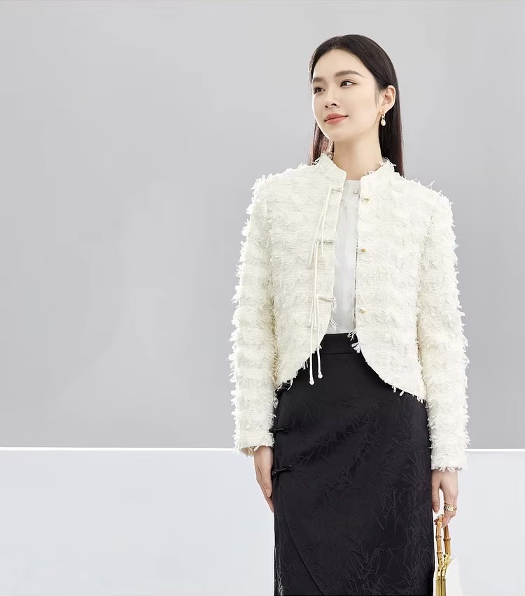 Cropped Tweed Jacket     Women’s elegant short stand collar drawcord tie button-up tailored tapered hem coats Female long sleeves woolen crop Jackets for woman in off-white cream France Chinese style outerwear womens French look wool fluffy feathered style office wfh workwear outwear Spring Fall Autumn fashion  #141W52034