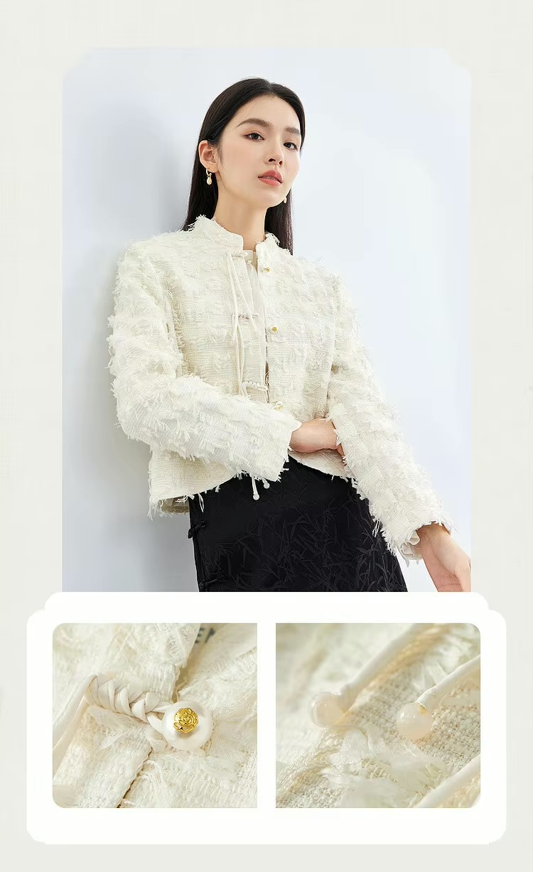 Cropped Tweed Jacket     Women’s elegant short stand collar drawcord tie button-up tailored tapered hem coats Female long sleeves woolen crop Jackets for woman in off-white cream France Chinese style outerwear womens French look wool fluffy feathered style office wfh workwear outwear Spring Fall Autumn fashion  #141W52034