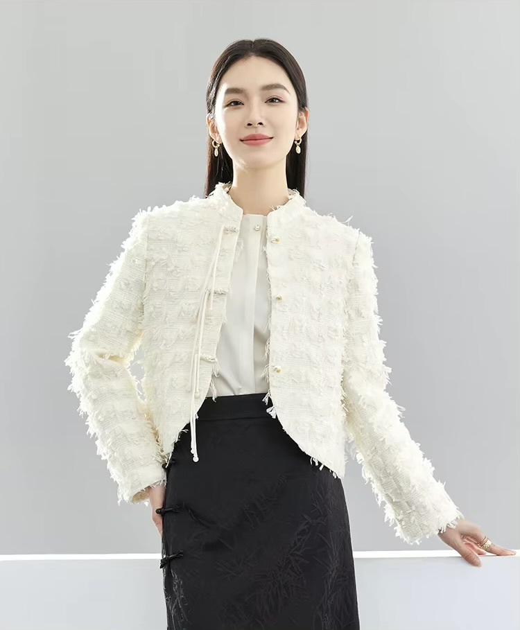 Cropped Tweed Jacket     Women’s elegant short stand collar drawcord tie button-up tailored tapered hem coats Female long sleeves woolen crop Jackets for woman in off-white cream France Chinese style outerwear womens French look wool fluffy feathered style office wfh workwear outwear Spring Fall Autumn fashion  #141W52034