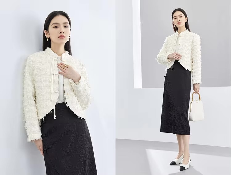Cropped Tweed Jacket     Women’s elegant short stand collar drawcord tie button-up tailored tapered hem coats Female long sleeves woolen crop Jackets for woman in off-white cream France Chinese style outerwear womens French look wool fluffy feathered style office wfh workwear outwear Spring Fall Autumn fashion  #141W52034