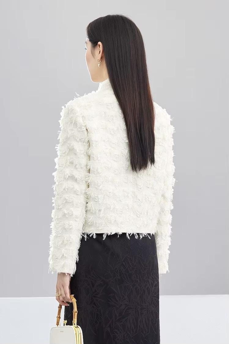 Cropped Tweed Jacket     Women’s elegant short stand collar drawcord tie button-up tailored tapered hem coats Female long sleeves woolen crop Jackets for woman in off-white cream France Chinese style outerwear womens French look wool fluffy feathered style office wfh workwear outwear Spring Fall Autumn fashion  #141W52034