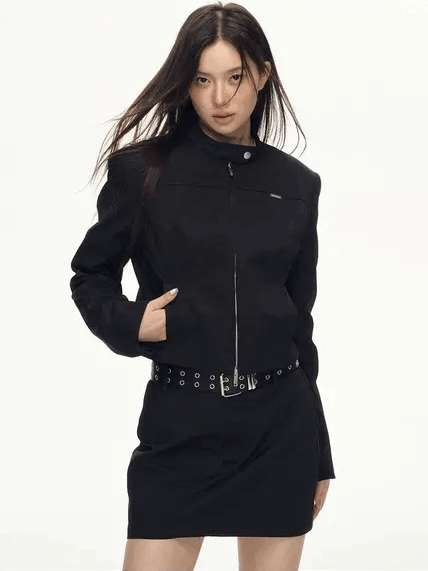Women’s woman womens Asian Black Retro Fashion Long Sleeves Slim Fit zipper up close slant side pockets petite-, tall-, plus-, size outerwear mandarin button collar  American Style All-match Design Cool Minimalist Lady Spring Summer Fall Autumn Streetwear Jackets outwear in black