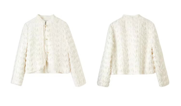 Cropped Tweed Jacket     Women’s elegant short stand collar drawcord tie button-up tailored tapered hem coats Female long sleeves woolen crop Jackets for woman in off-white cream France Chinese style outerwear womens French look wool fluffy feathered style office wfh workwear outwear Spring Fall Autumn fashion  #141W52034