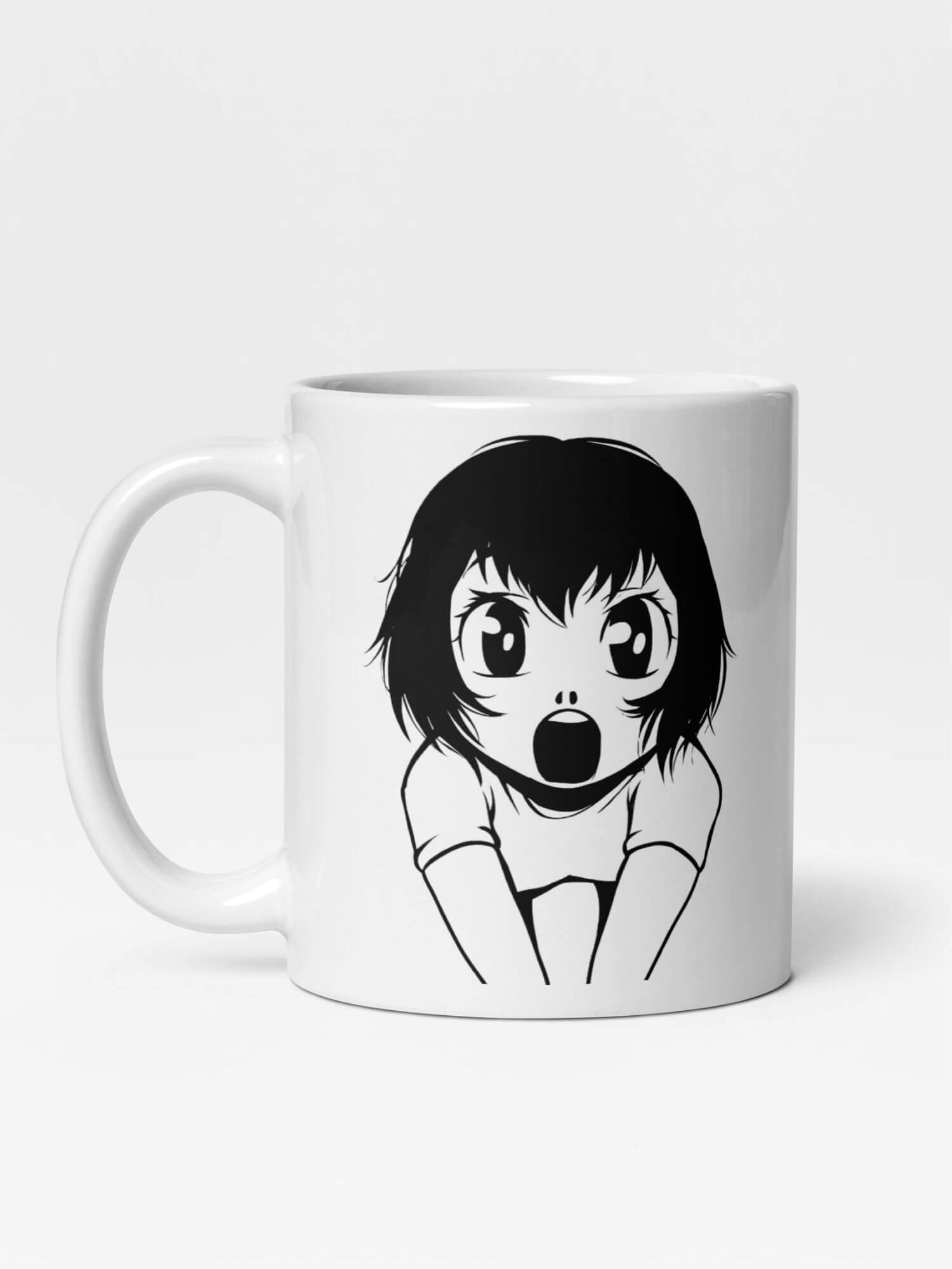 Glossy Anxious Girl Mug    Japan Cartoon women’s worried  face character drinks cup coffee, tea, juice, milk drinking cups miteigi branded product item tumblers ceramics in white with black ink pattern Ceramic Anime Gifts womens girls gen z generation A woman worry Japanese manga souvenirs mugs