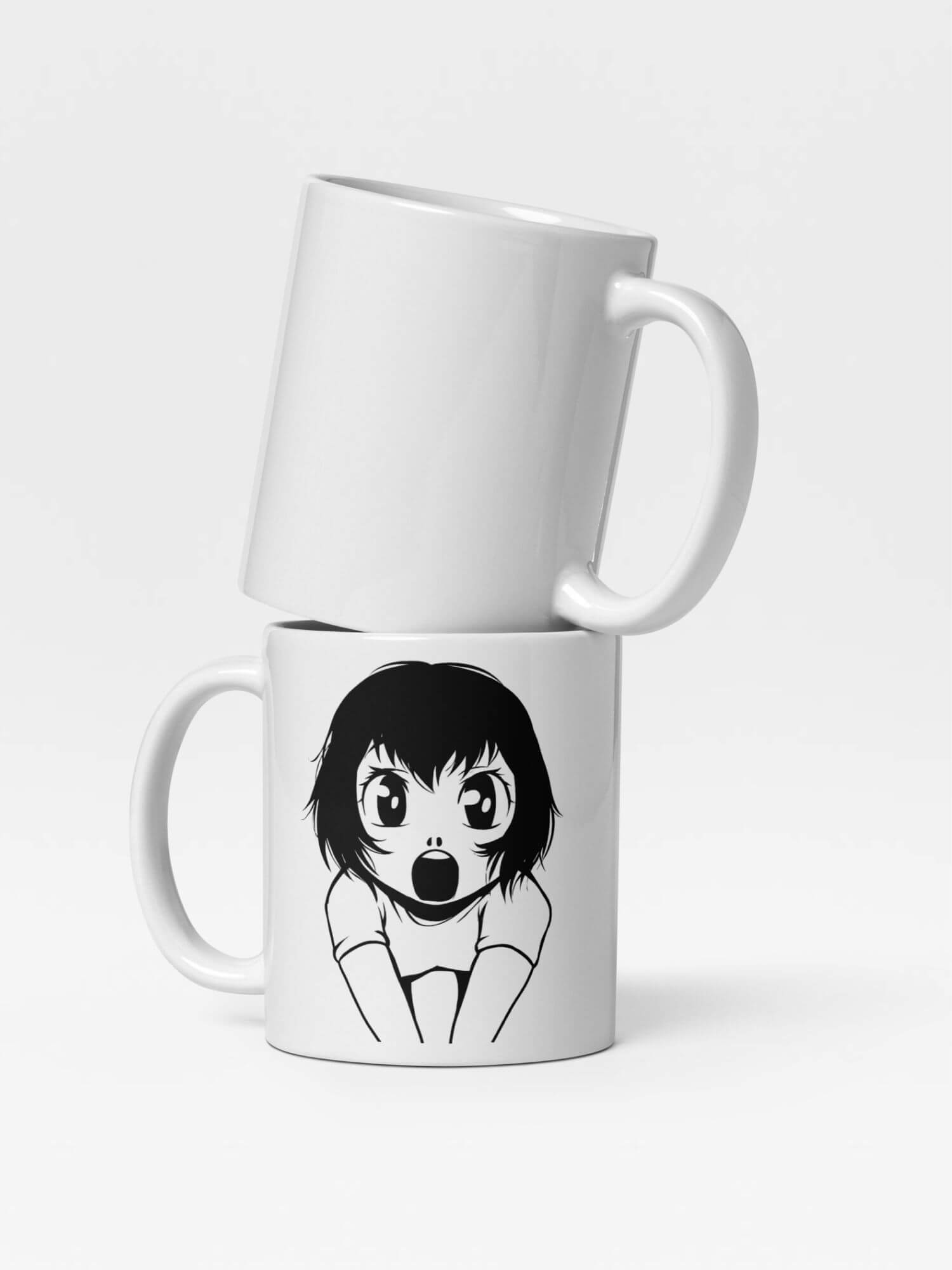 Glossy Anxious Girl Mug    Japan Cartoon women’s worried  face character drinks cup coffee, tea, juice, milk drinking cups miteigi branded product item tumblers ceramics in white with black ink pattern Ceramic Anime Gifts womens girls gen z generation A woman worry Japanese manga souvenirs mugs