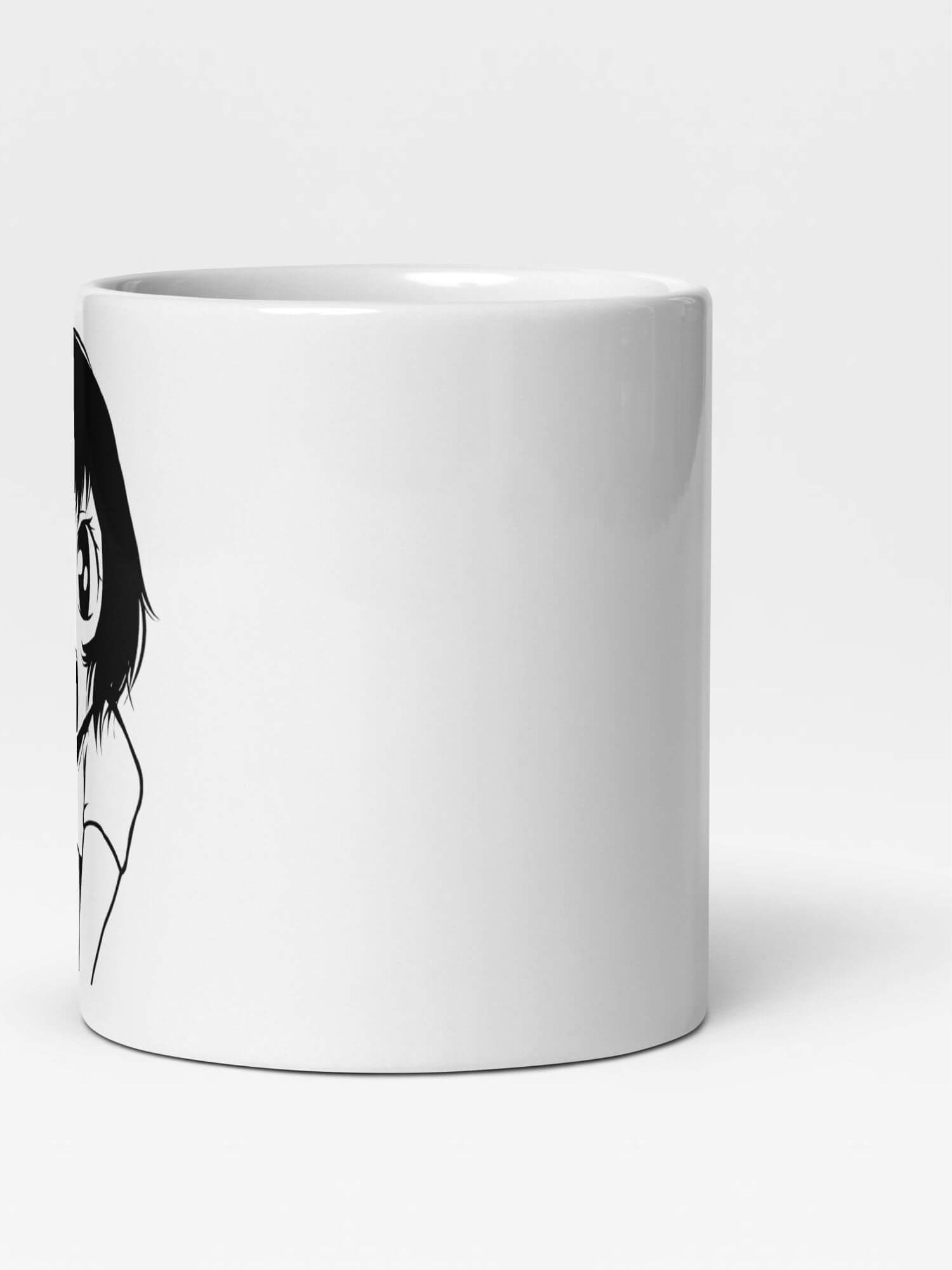 Glossy Anxious Girl Mug    Japan Cartoon women’s worried  face character drinks cup coffee, tea, juice, milk drinking cups miteigi branded product item tumblers ceramics in white with black ink pattern Ceramic Anime Gifts womens girls gen z generation A woman worry Japanese manga souvenirs mugs