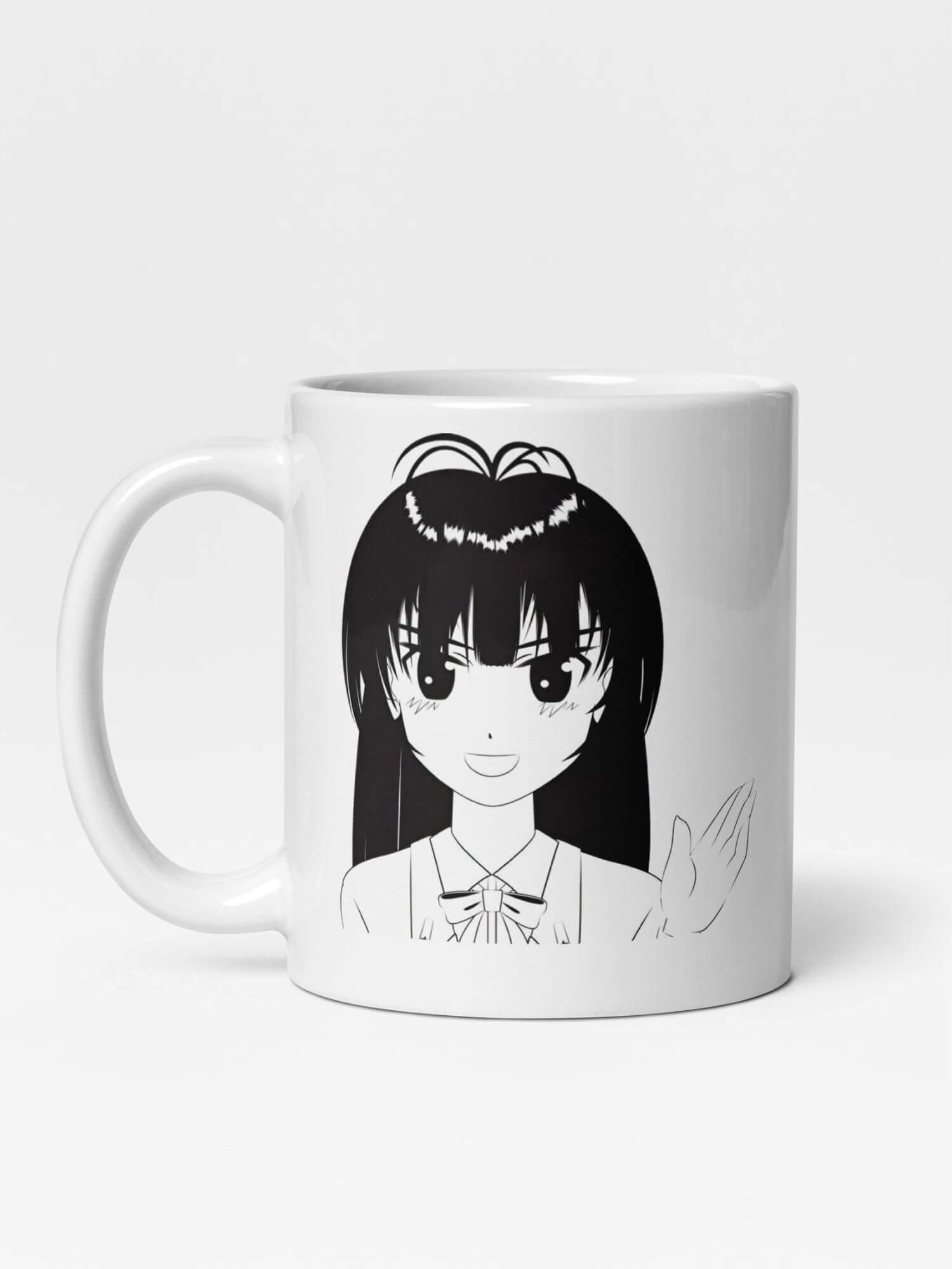 Glossy Laughing Girl Mug    Japan Cartoon women’s  face character drinks cup coffee, tea, juice, milk drinking cups miteigi branded product item tumblers ceramics in white with black ink pattern Ceramic Anime Gifts womens girls gen z generation A woman Japanese manga souvenirs mugs