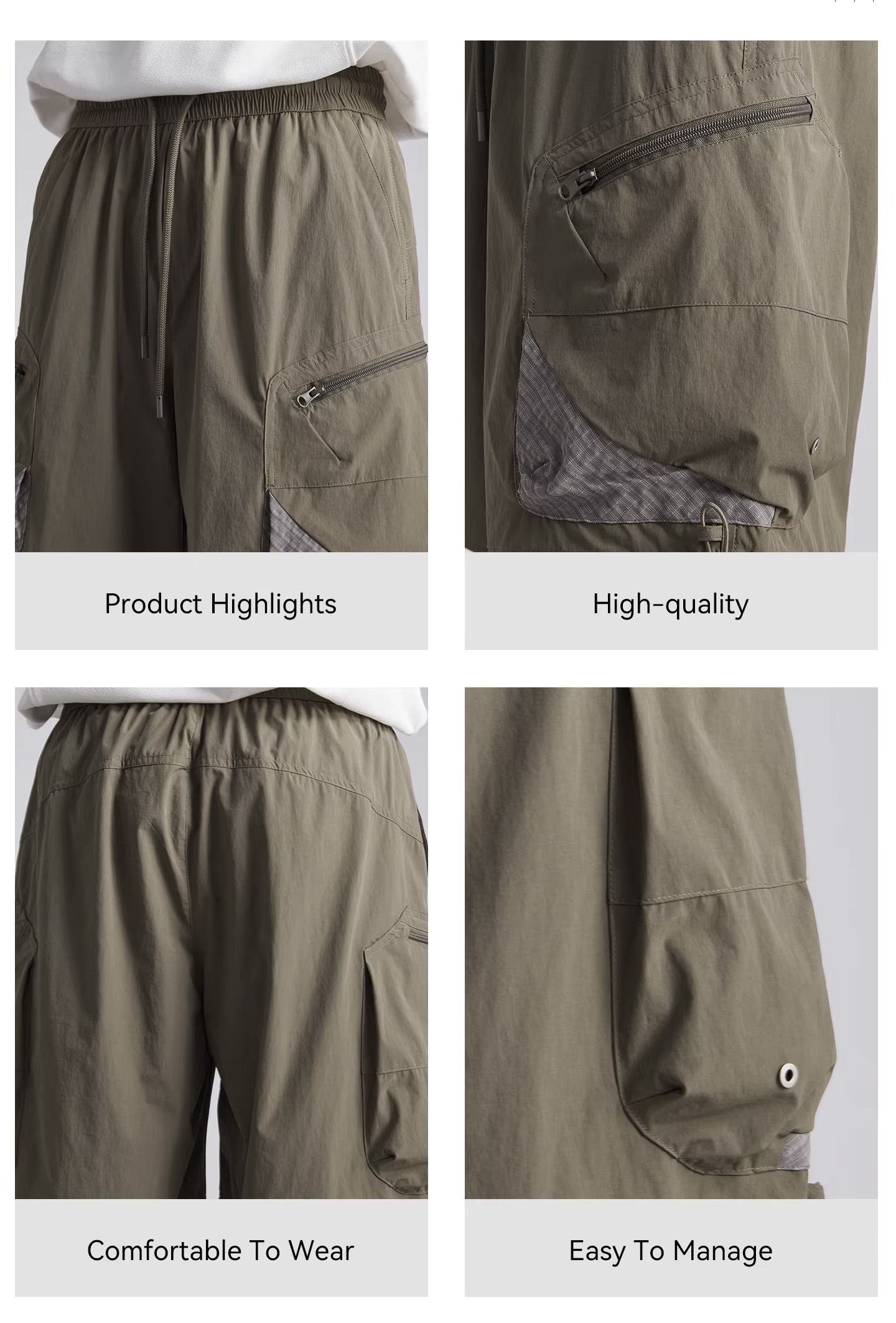 Men&rsquo;s man mens petite-, tall-, plus-, size Quick Dry Breathable Outdoor Summer Loose Multi Pocket Retro Casual Commute wfh office workwear Five Points elasticated waist with drawcord drawstring mid-rise Cargo Shorts short pant in army green