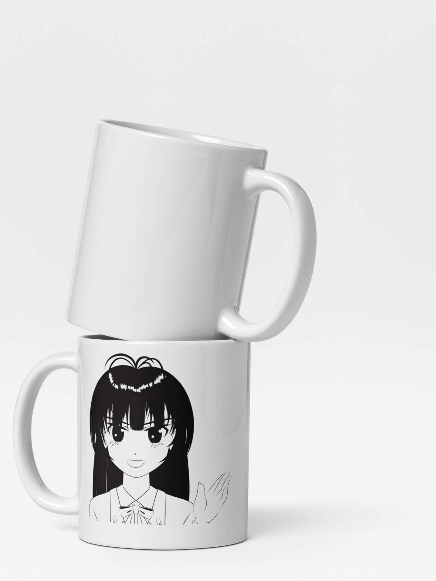 Glossy Laughing Girl Mug    Japan Cartoon women’s  face character drinks cup coffee, tea, juice, milk drinking cups miteigi branded product item tumblers ceramics in white with black ink pattern Ceramic Anime Gifts womens girls gen z generation A woman Japanese manga souvenirs mugs