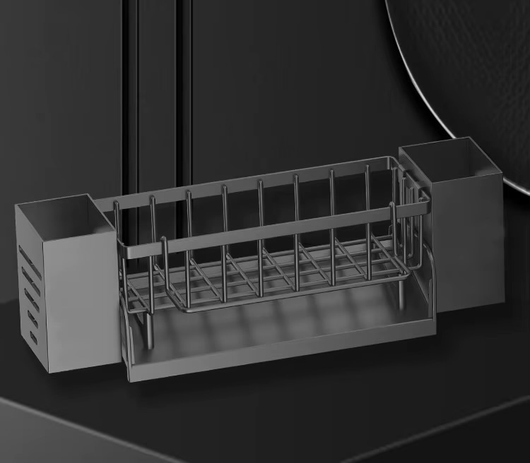Kitchen Sink Drain Rack Organizer     ABS Plastic self-draining shelf soap sponge holders dish-clothes towels racks filter baskets in Black Gray grey