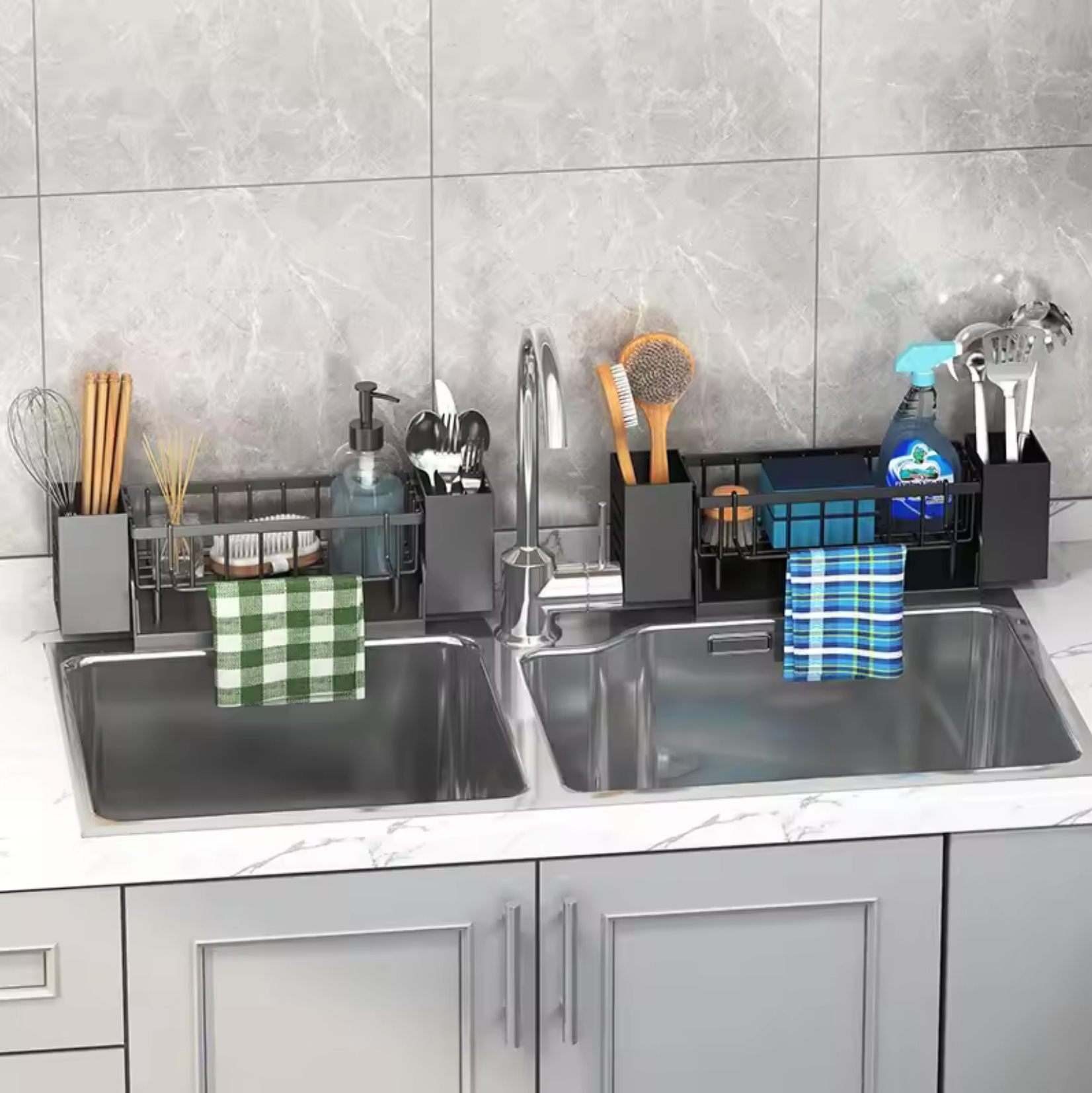 Kitchen Sink Drain Rack Organizer     ABS Plastic self-draining shelf soap sponge holders dish-clothes towels racks filter baskets in Black Gray grey