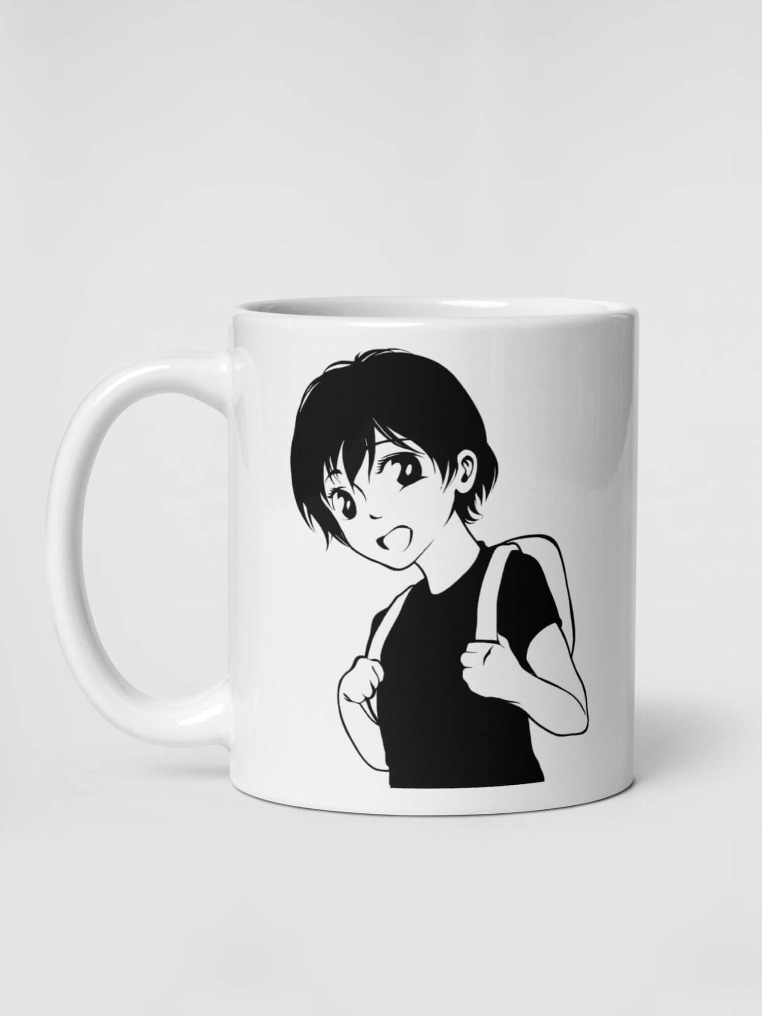Glossy Backpack Girl Mug    Japan Cartoon women’s  face character drinks cup coffee, tea, juice, milk drinking cups miteigi branded product item tumblers ceramics in white with black ink pattern Ceramic Anime Gifts womens girls gen z generation A backpackers woman Japanese manga souvenirs mugs