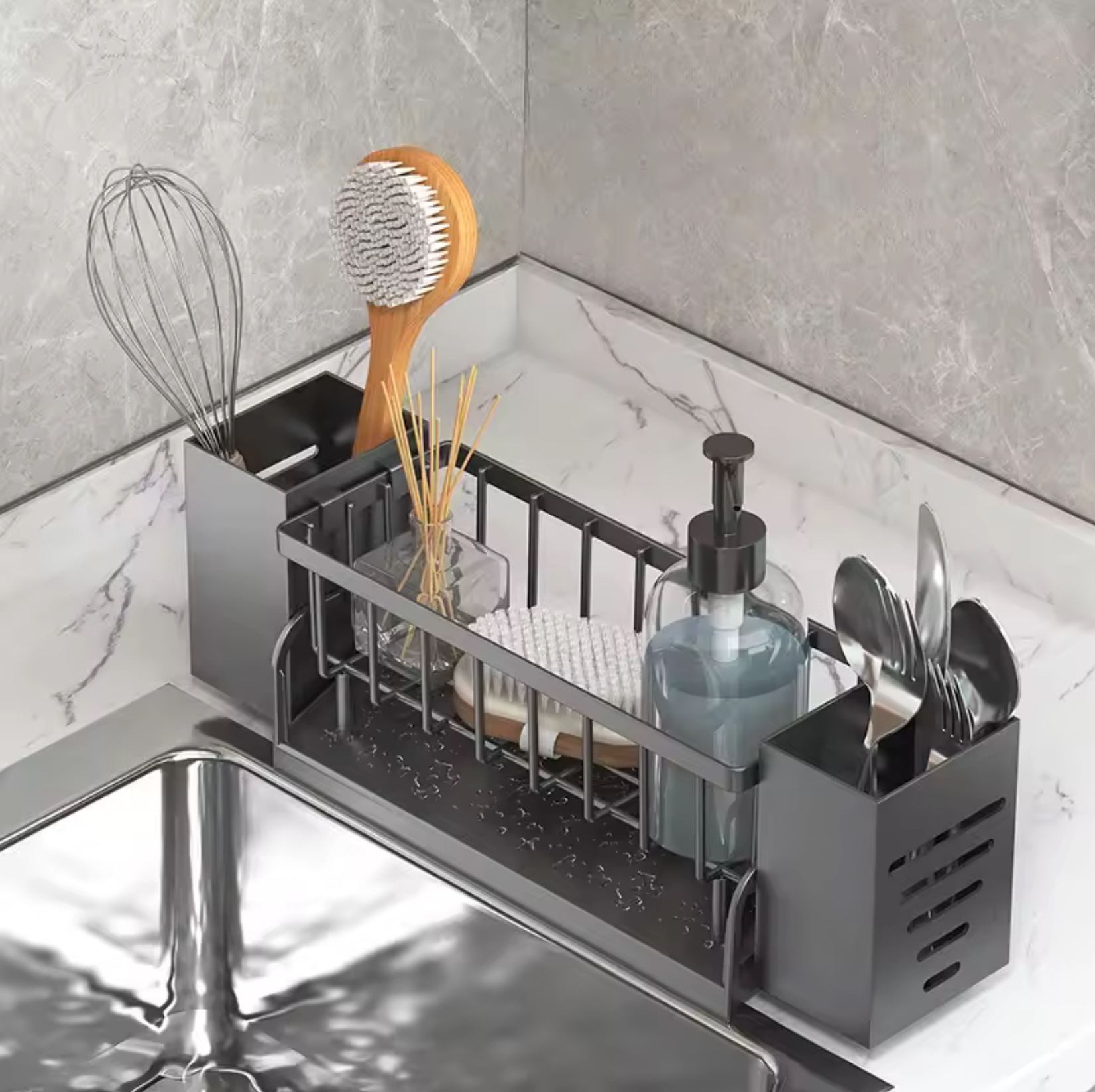 Kitchen Sink Drain Rack Organizer     ABS Plastic self-draining shelf soap sponge holders dish-clothes towels racks filter baskets in Black Gray grey