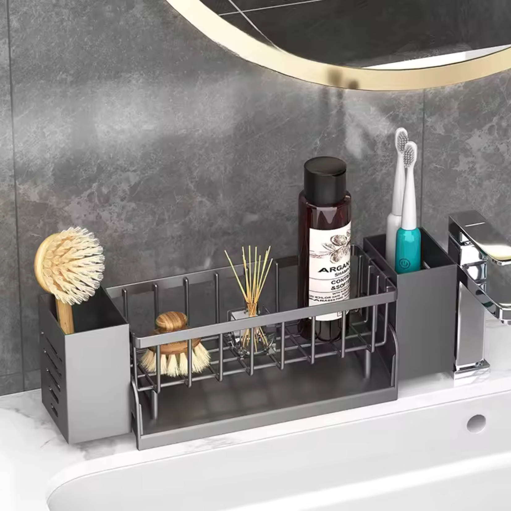 Kitchen Sink Drain Rack Organizer     ABS Plastic self-draining shelf soap sponge holders dish-clothes towels racks filter baskets in Black Gray grey