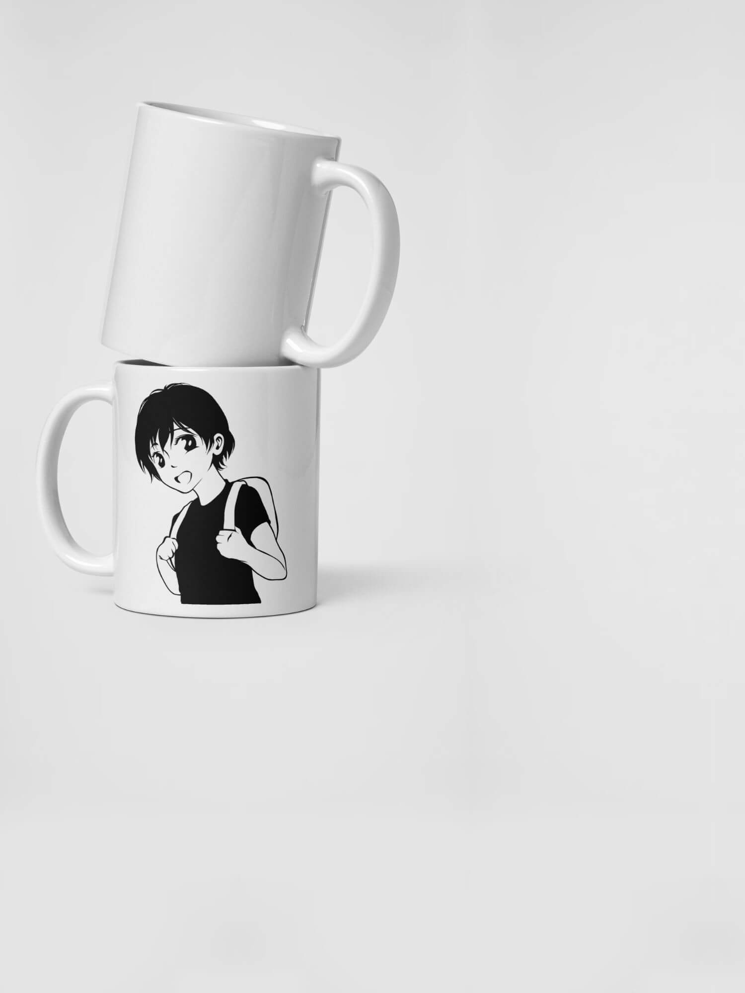 Glossy Backpack Girl Mug    Japan Cartoon women’s  face character drinks cup coffee, tea, juice, milk drinking cups miteigi branded product item tumblers ceramics in white with black ink pattern Ceramic Anime Gifts womens girls gen z generation A backpackers woman Japanese manga souvenirs mugs