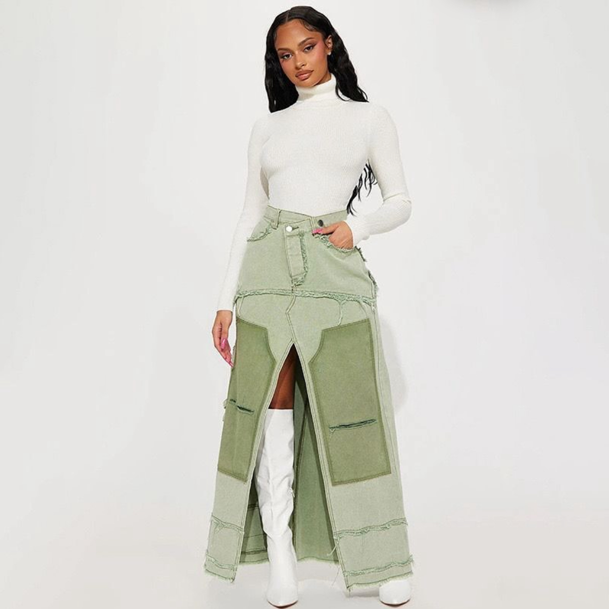 Contrast Split Denim Cowgirl Cowboy Skirt in green