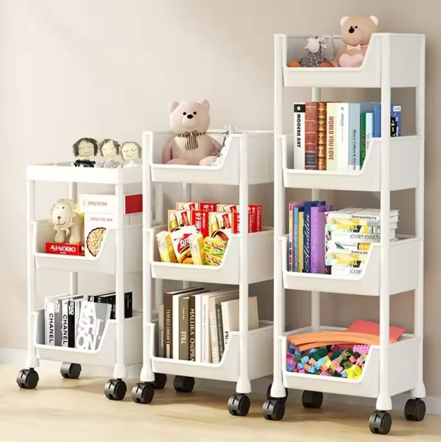 Slit Storage Trolley    Kitchen bookshelf storage cabinet baskets with wheels Bathroom living-, study-, room home organizer racks Narrow corner trollies units decor in white 2 ~ 5 Tier