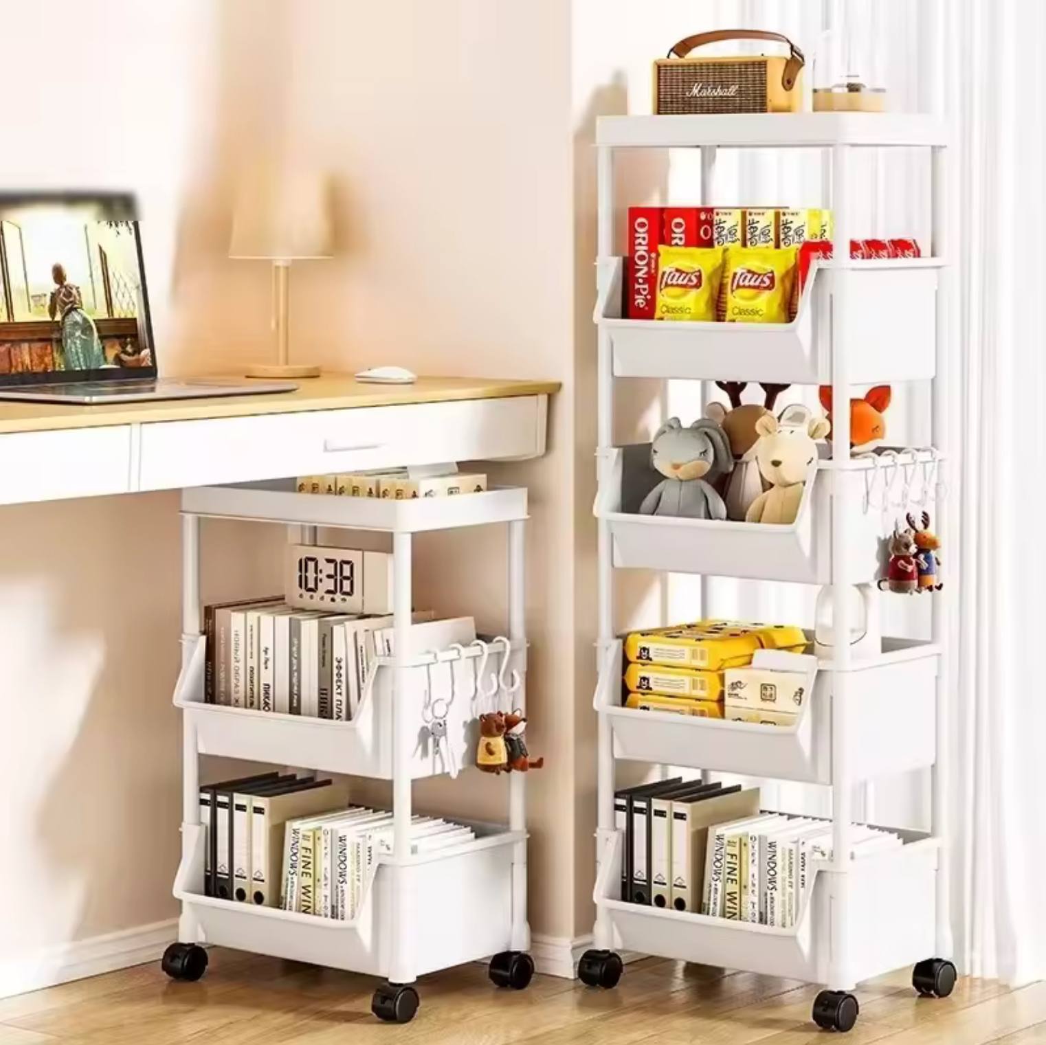 Slit Storage Trolley    Kitchen bookshelf storage cabinet baskets with wheels Bathroom living-, study-, room home organizer racks Narrow corner trollies units decor in white 2 ~ 5 Tier