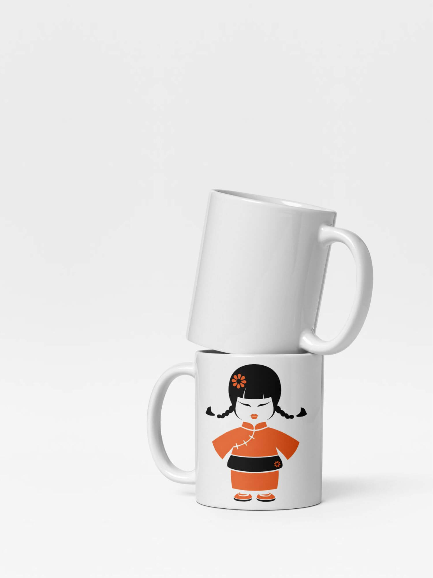 Glossy Maid Mug    Japan Cartoon women’s  housekeeping worker uniform character drinks cup coffee, tea, juice, milk drinking cups miteigi branded product item tumblers ceramics in white with orange, black ink pattern Ceramic Anime Gifts womens girls gen z generation A maids housekeepers woman Japanese manga souvenirs mugs