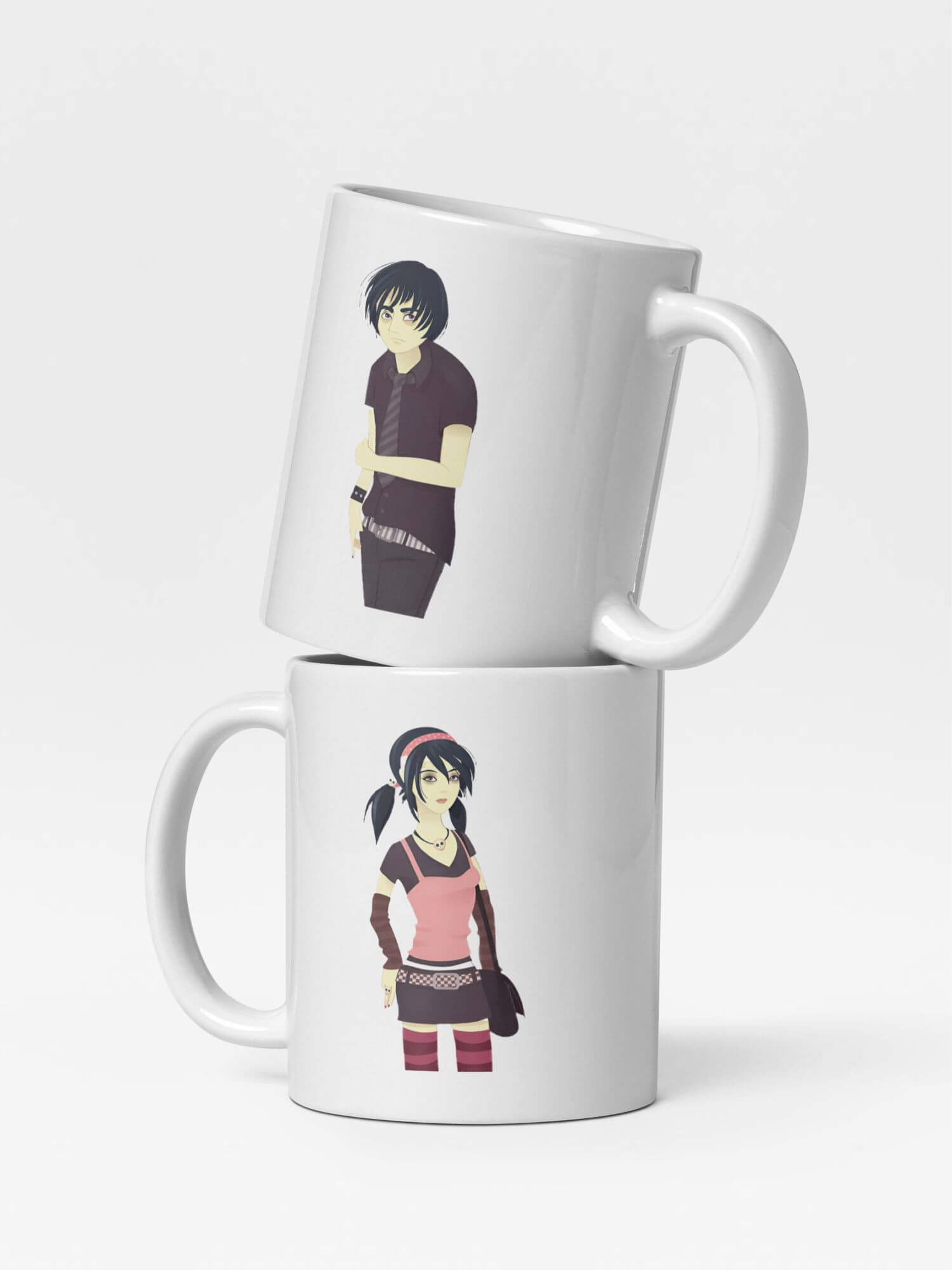 Glossy Emo Kids Mug    Japan Cartoon women’s  men’s childrens character drinks cup coffee, tea, juice, milk drinking cups miteigi branded product item tumblers ceramics in white with brown ink multicolor pattern Ceramic Anime Gifts womens mens girls boys gen z generation A woman man boy girl children’s Japanese manga souvenirs mugs