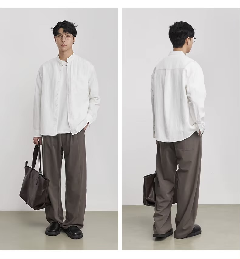 Men&rsquo;s man mens petite-, tall-, plus-, size Linen Chinese Style Stand Collar Casual Shirt Spring Summer Slightly Loose Solid Color Minimalist All-match Long Sleeves Shirt Top Shirts in white