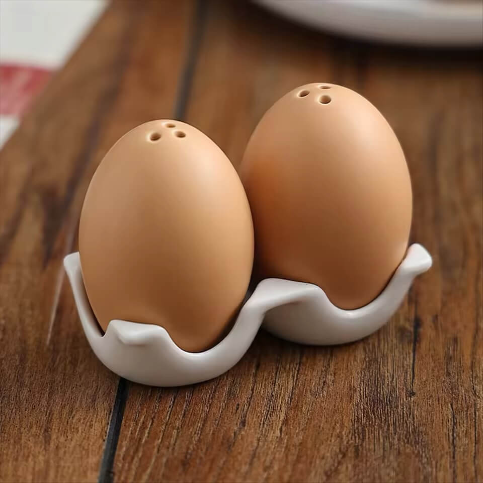 Ceramic Salt and Pepper Shaker Set, Mini Brown Egg Shaped Cellar Shakers with Carton Design Holding Stand Dining kitchen serverware condiments Cellars sets
