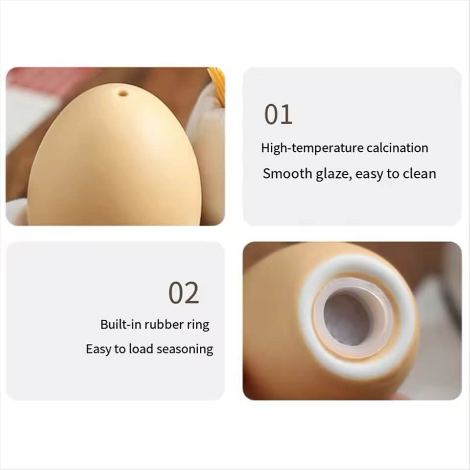 Ceramic Salt and Pepper Shaker Set, Mini Brown Egg Shaped Cellar Shakers with Carton Design Holding Stand Dining kitchen serverware condiments Cellars sets