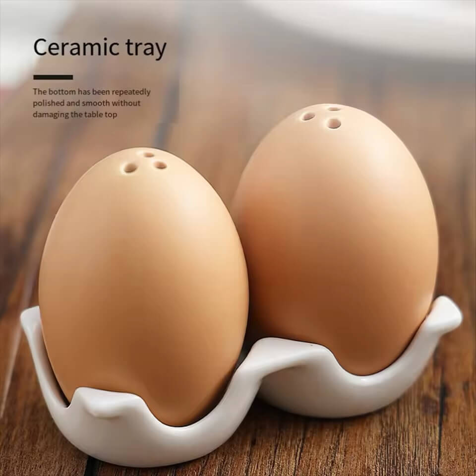 Ceramic Salt and Pepper Shaker Set, Mini Brown Egg Shaped Cellar Shakers with Carton Design Holding Stand Dining kitchen serverware condiments Cellars sets