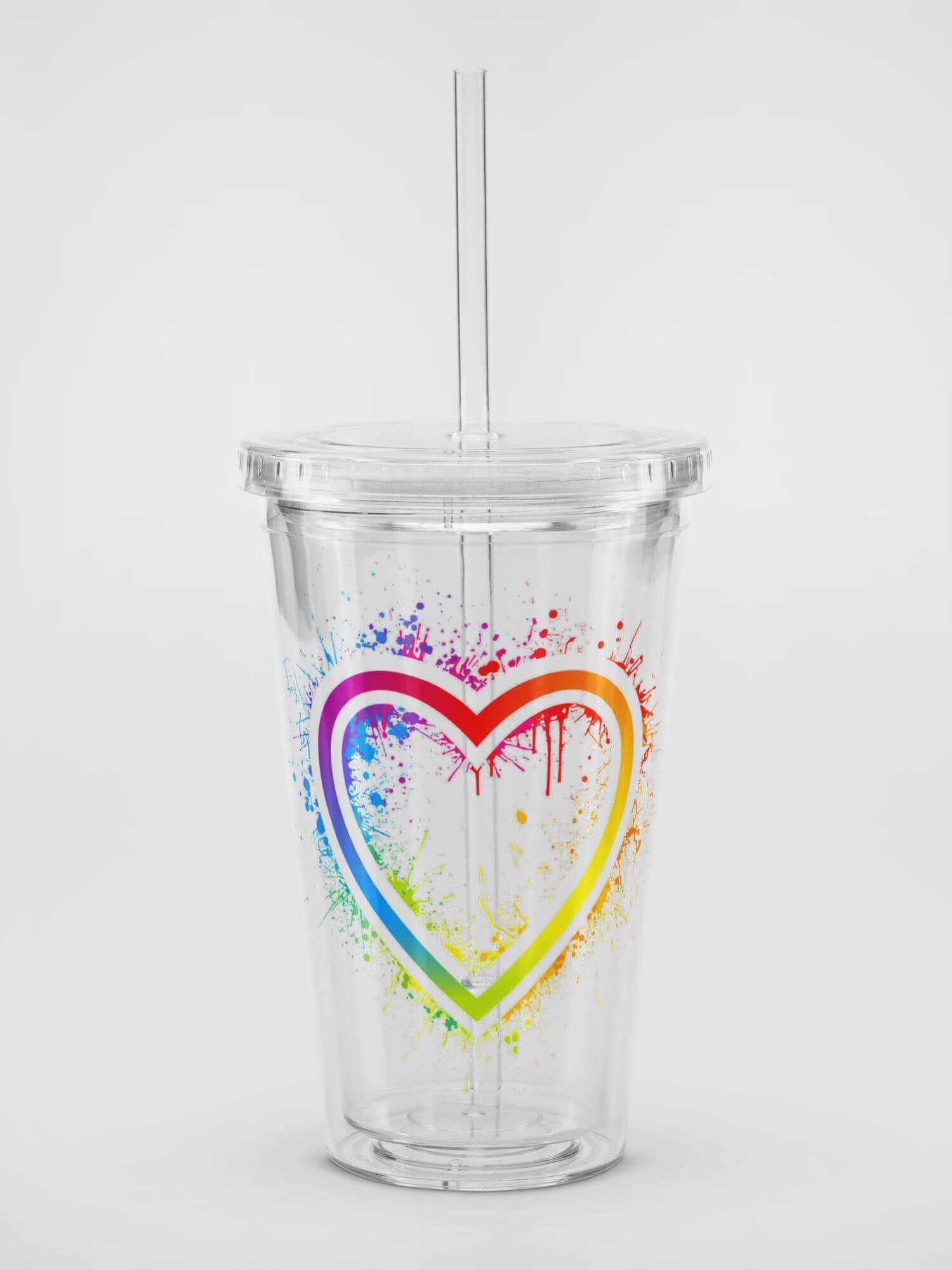 Double Wall Clear Plastic Tumbler (16 oz)    Transparent multicolor rainbow love heart drinking mugs Clear plastic glassware with screw lid and straw