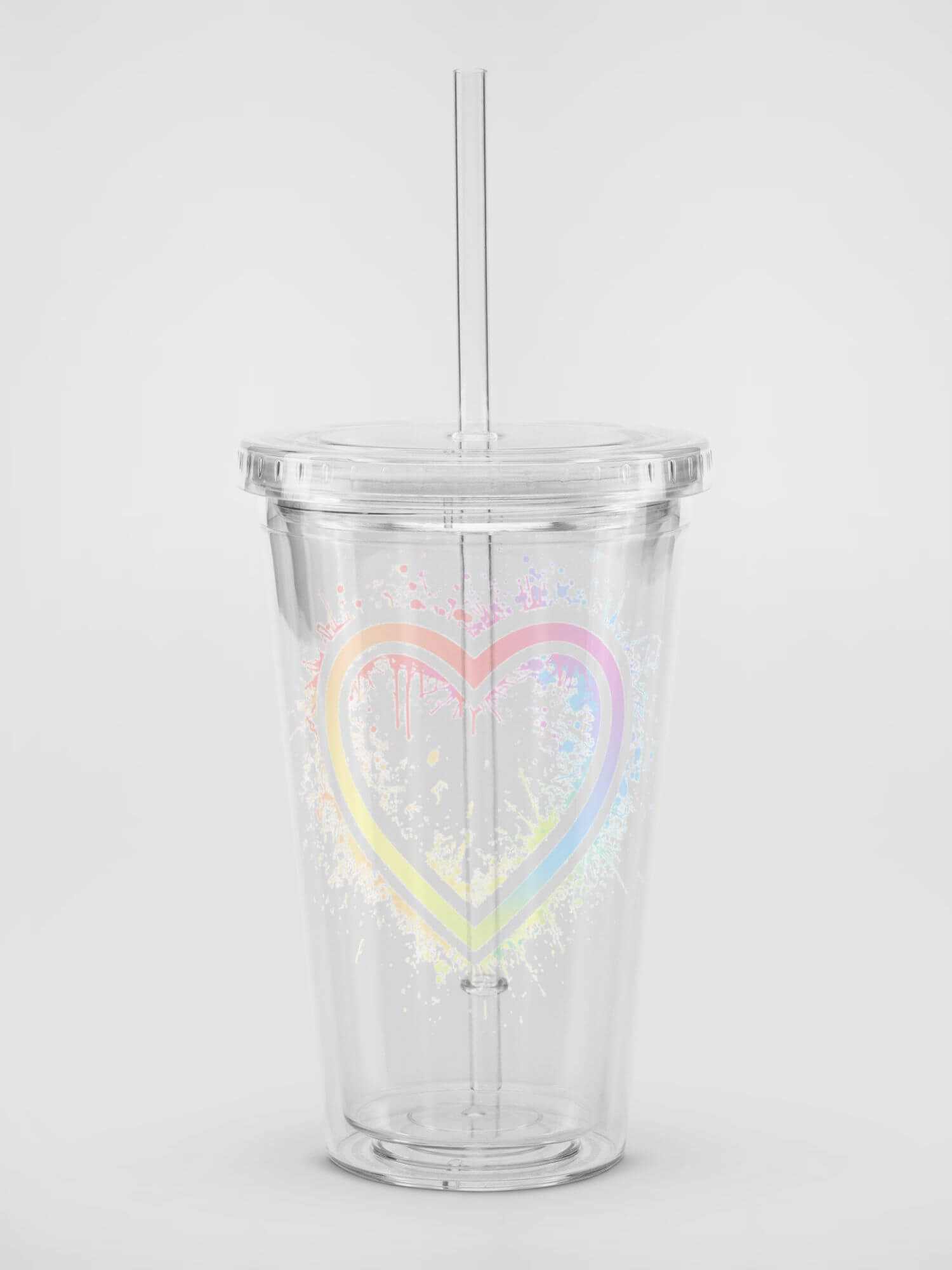 Double Wall Clear Plastic Tumbler (16 oz)    Transparent multicolor rainbow love heart drinking mugs Clear plastic glassware with screw lid and straw