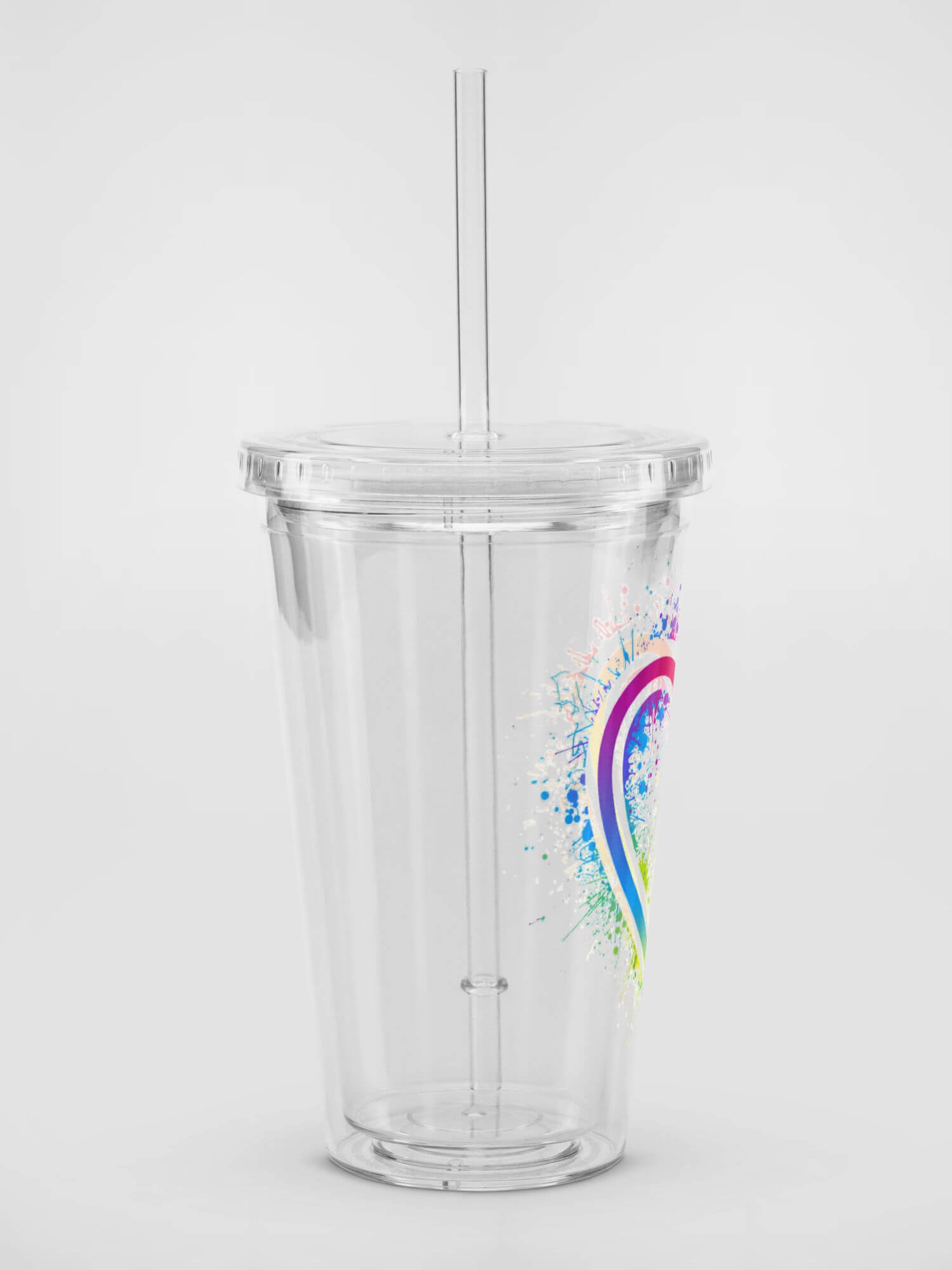 Double Wall Clear Plastic Tumbler (16 oz)    Transparent multicolor rainbow love heart drinking mugs Clear plastic glassware with screw lid and straw