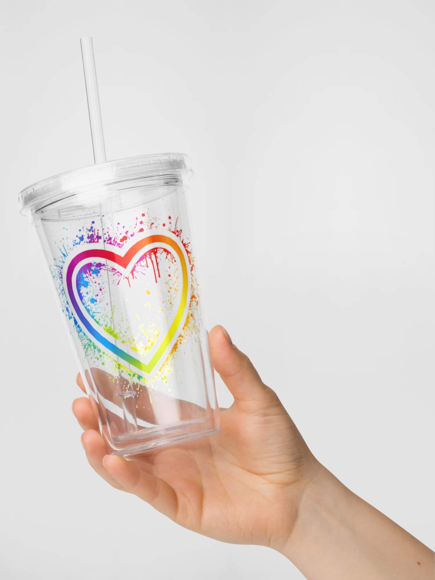 Double Wall Clear Plastic Tumbler (16 oz)    Transparent multicolor rainbow love heart drinking mugs Clear plastic glassware with screw lid and straw