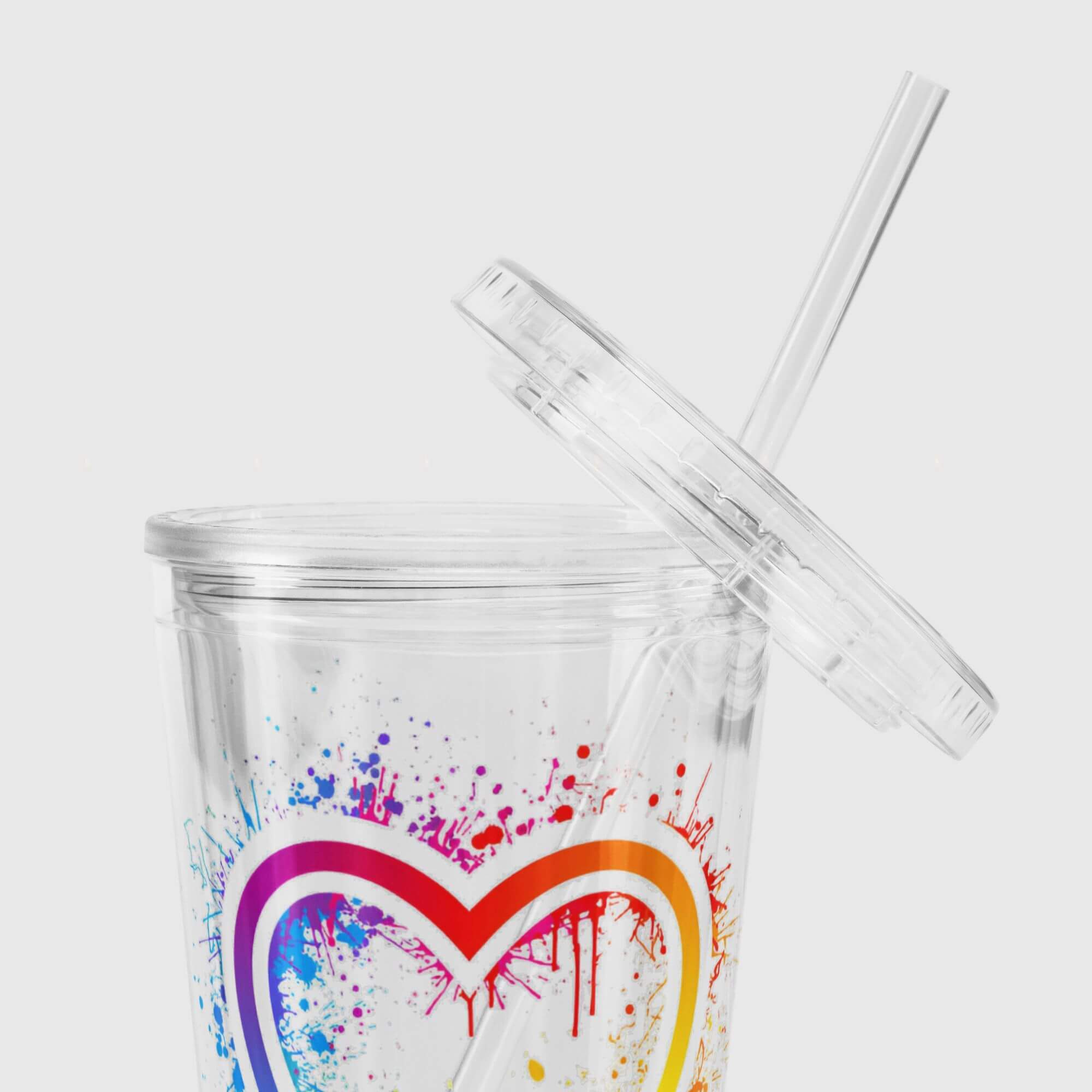 Double Wall Clear Plastic Tumbler (16 oz)    Transparent multicolor rainbow love heart drinking mugs Clear plastic glassware with screw lid and straw