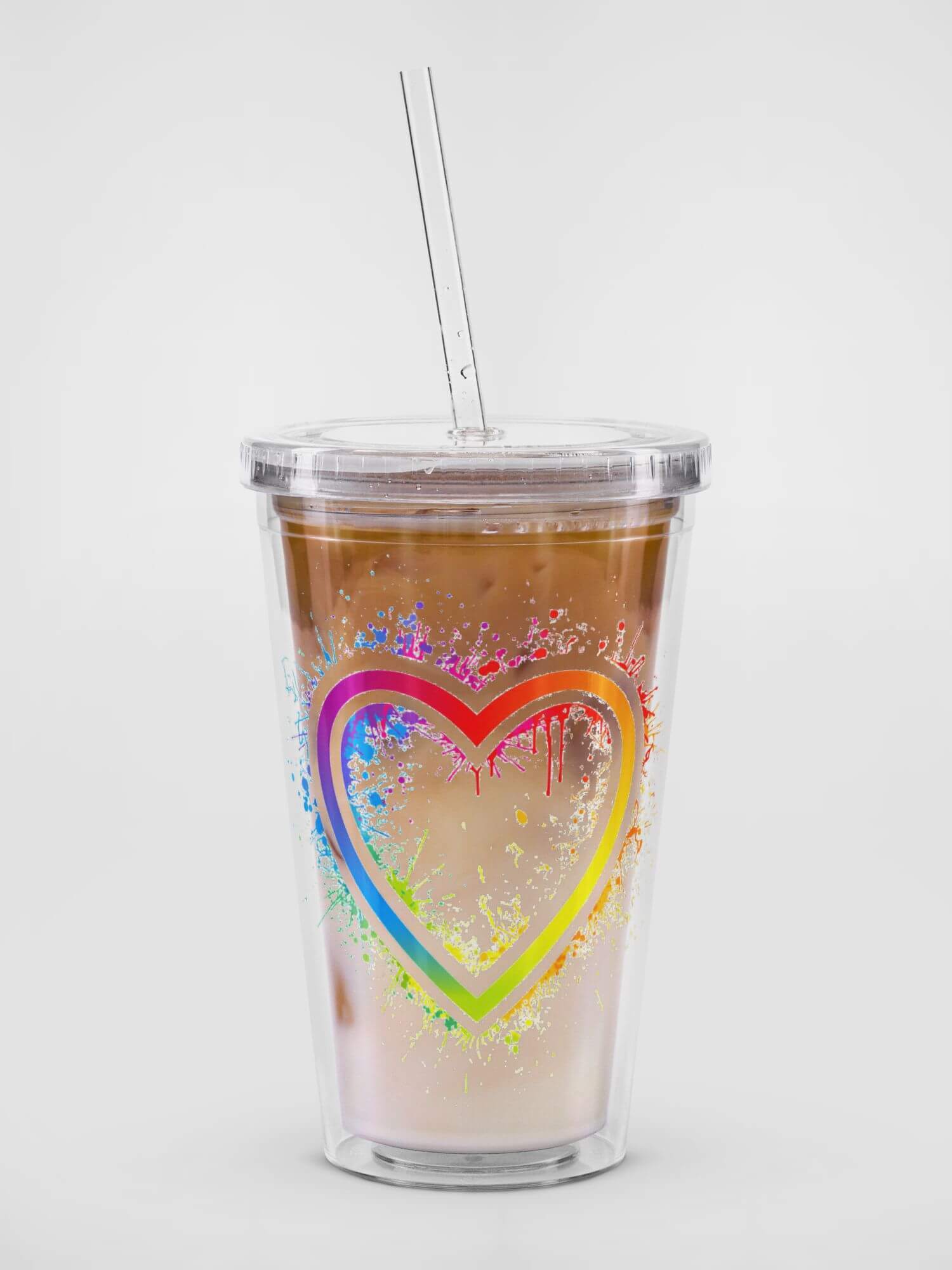 Double Wall Clear Plastic Tumbler (16 oz)    Transparent multicolor rainbow love heart drinking mugs Clear plastic glassware with screw lid and straw