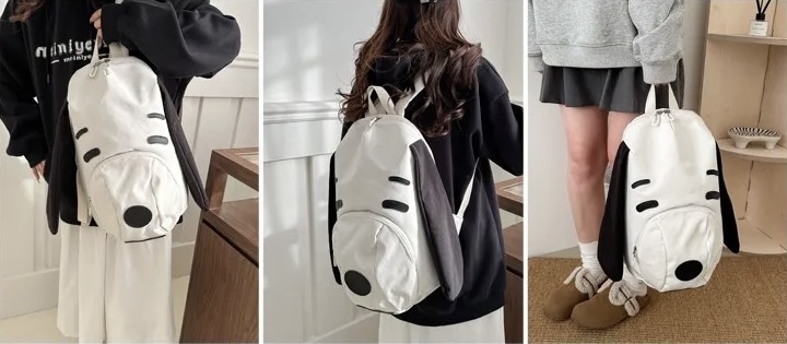 Cute Little Snoopy Dog Canvas Bapa Portable Travel Bag Korean Sle Student Bookbag Versatile Travel Bags backpacks in white with black accent