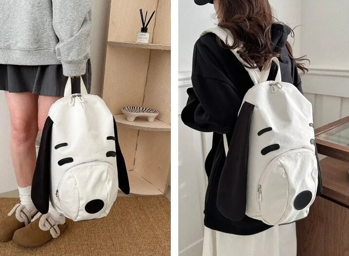 Cute Little Snoopy Dog Canvas Bapa Portable Travel Bag Korean Sle Student Bookbag Versatile Travel Bags backpacks in white with black accent