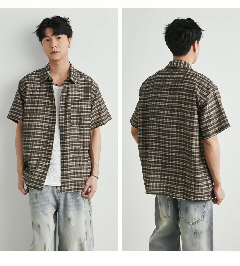 Men’s man mens petite-, tall-, plus-, size Japanese Style Lyocell Plaid Short half Sleeves Summer Loose Drop Shoulder Single chest Pocket Daily Commute Shirt Top Shirts in brown with white