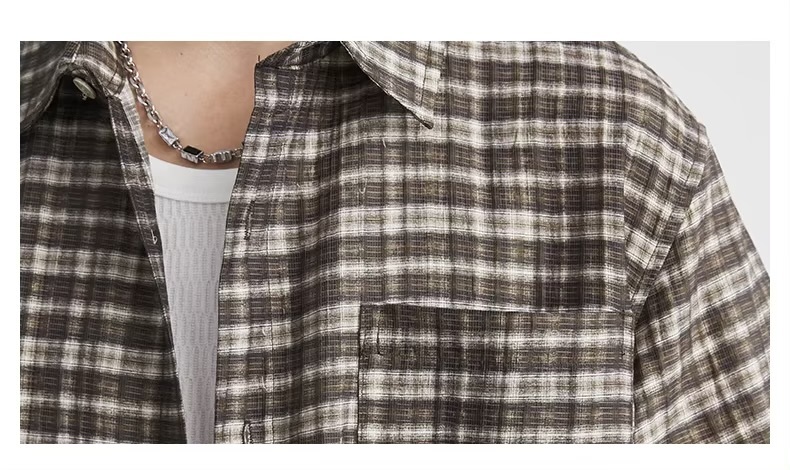 Men’s man mens petite-, tall-, plus-, size Japanese Style Lyocell Plaid Short half Sleeves Summer Loose Drop Shoulder Single chest Pocket Daily Commute Shirt Top Shirts in brown with white