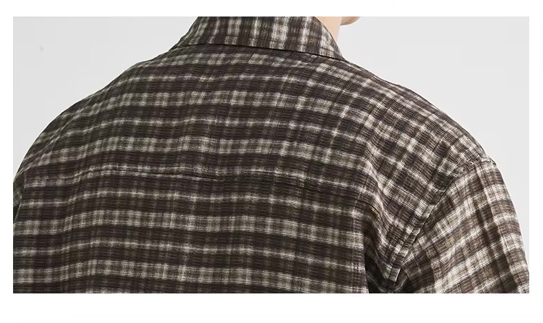 Men’s man mens petite-, tall-, plus-, size Japanese Style Lyocell Plaid Short half Sleeves Summer Loose Drop Shoulder Single chest Pocket Daily Commute Shirt Top Shirts in brown with white