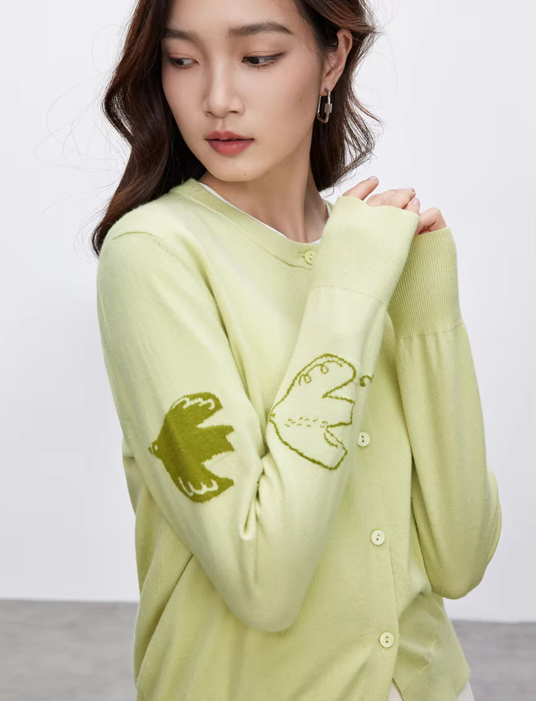 Jacquard Knitted Cardigan     Women’s spliced round O-neck long sleeves animal bird graphic single breasted button-up knitted cropped crewneck Cardigans for woman in light green Spring womens petite-, plus-, size crew neck Sweaters fashion #W51H58806